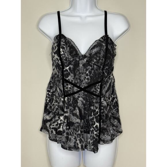 Venus Y2K Lace Babydoll Top Womens L Black Grey Cheetah Whimsigoth Velvet Straps - Picture 1 of 14